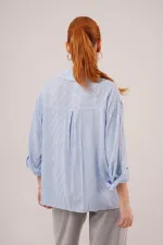 Yarasa Kol Çizgili Cep Detaylı Toptan Mavi Gömlek