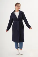 Wholesale Navy Blue Cashmere Coat with Belt and Lining