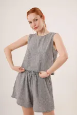 Arkası Düğme Detaylı Bluz Ve Cepli Şort İkili Toptan Antrasit Takım