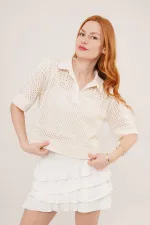 Chemisier ajouré à col polo écru en gros