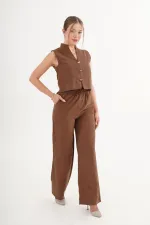 Kolsuz Yelek Bol Pantolon Süet Taba Toptan Takım