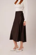 Çan Kesim Midi Kahverengi Toptan Saten Etek