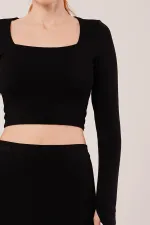 Kare Yaka Bluz Ve Yırtmaç Detaylı Etek Toptan İkili Siyah Takım