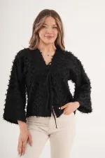 Full Saçaklı İp Bağlamalı Toptan Siyah Kimono