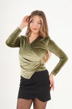 Yandan Tokalı Kadife Haki Toptan Bluz