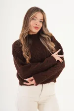 Spiral Knit Patterned Knitted Sweater in Coffee Brown - Wholesale