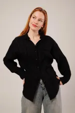 Hakim Yaka Çizgili Cep Detaylı Toptan Siyah Gömlek