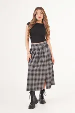 Kemer Detaylı Yan Yırtmaçlı Gri Ekose Toptan Uzun Etek