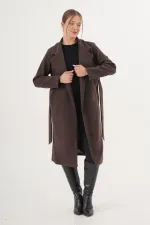 Beli Kuşaklı Astarlı Toptan Kahve Kaşe Kaban