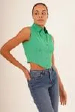 Korse Detay Kısa Kollu Toptan Yeşil Gömlek