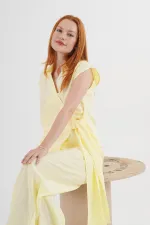 Double Breasted Shirt Blouse and Trousers Wholesale Yellow Suit