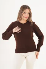 Bisiklet Yaka Düz Model Toptan Kahverengi Kazak