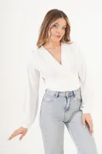 Göğüs Drapeli V Yaka Beyaz Toptan Bluz