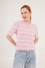 Çizgili Kısa Kol Pembe Toptan Bluz