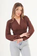 Göğüs Drapeli V Yaka Kahve Toptan Bluz