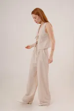 Ön Bağlama Detaylı Yelek Ve Pantolon Taş Toptan İkili Takım