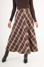 Kareli Yüksek Bel Trend Kahve Toptan Etek