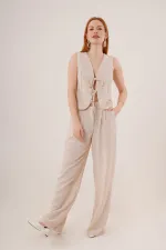 Ön Bağlama Detaylı Yelek Ve Pantolon Taş Toptan İkili Takım