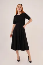 Dikiş Detaylı Kısa Kollu Toptan Siyah Uzun Elbise