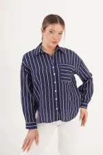 Cepli Çift Çizgili Dökümlü İndigo Toptan Gömlek