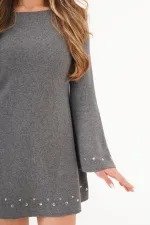 Selanik Örgü Taşlı Toptan Gri Elbise