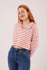 Polo Yaka Kırmızı Çizgili Toptan Crop Sweatshirt