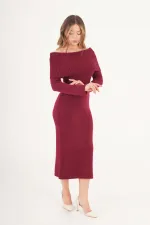 Madonna Yaka Toptan Bordo Triko Elbise