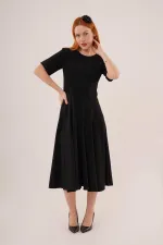 Dikiş Detaylı Kısa Kollu Toptan Siyah Uzun Elbise