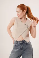 Double Buttoned Cross Model Beige Wholesale Vest