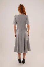 Dikiş Detaylı Kısa Kollu Toptan Gri Uzun Elbise