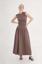 Beli Büzgülü Kahve Toptan Elbise