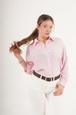 Cepli Çift Çizgili Dökümlü Pembe Toptan Gömlek