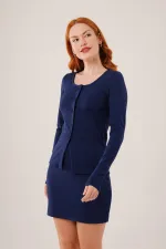 Çizgili Etek Düğmeli Bluz Toptan Lacivert Takım