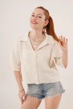 Cardigan boutonné à manches mi-longues et épaules dénudées, couleur crème, en gros