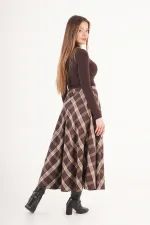 Kareli Yüksek Bel Trend Kahve Toptan Etek