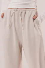 Cepli Bağlama Detaylı Keten Toptan Ekru Pantolon
