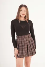 Pileli Yüksek Bel Astarı Şortlu Toptan Kahve Mini Etek