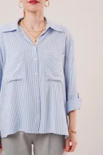 Yarasa Kol Çizgili Cep Detaylı Toptan Mavi Gömlek