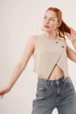 Double Buttoned Cross Model Beige Wholesale Vest