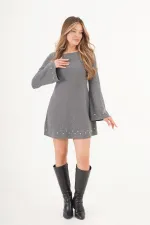Selanik Örgü Taşlı Toptan Gri Elbise