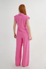 Kruvaze Gömlek Bluz Ve Pantolon Toptan Fuşya Takım