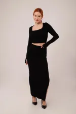 Kare Yaka Bluz Ve Yırtmaç Detaylı Etek Toptan İkili Siyah Takım