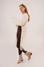 Cardigan long en maille perforée à pompons de transition, couleur crème, en gros