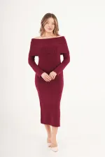 Madonna Yaka Toptan Bordo Triko Elbise