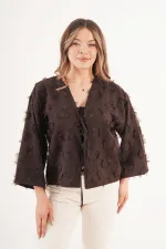 Saçaklı İp Bağlamalı Toptan Kahve Kimono