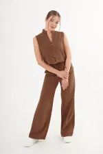 Kolsuz Yelek Bol Pantolon Süet Taba Toptan Takım