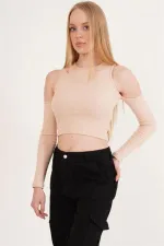 Omuz Detaylı Bisiklet Yaka Toptan Bluz Taş