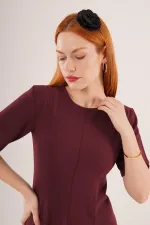 Dikiş Detaylı Kısa Kollu Toptan Bordo Uzun Elbise