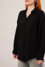 Hakim Yaka Çizgili Cep Detaylı Toptan Siyah Gömlek