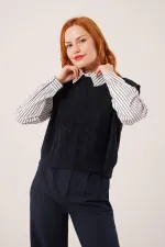 Kol Ve Yaka Gömlek Detaylı Lacivert Toptan Triko Kazak